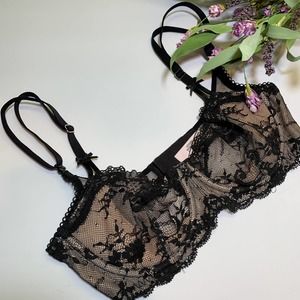 Victoria's Secret Dream Angels Bra 32D Nude Black Lace Push-Up Underwire